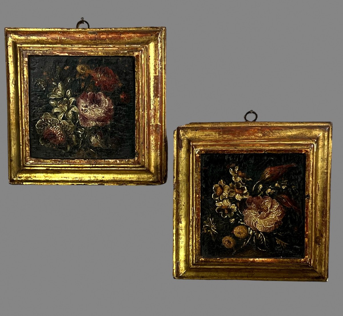Pair Of 18th Century Paintings / Oils On Wooden Panels Representing Flowers-photo-4