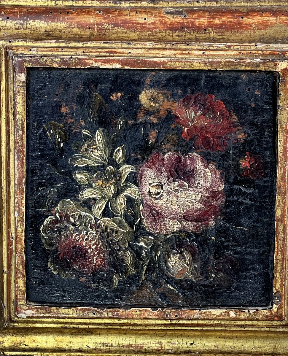Pair Of 18th Century Paintings / Oils On Wooden Panels Representing Flowers-photo-2