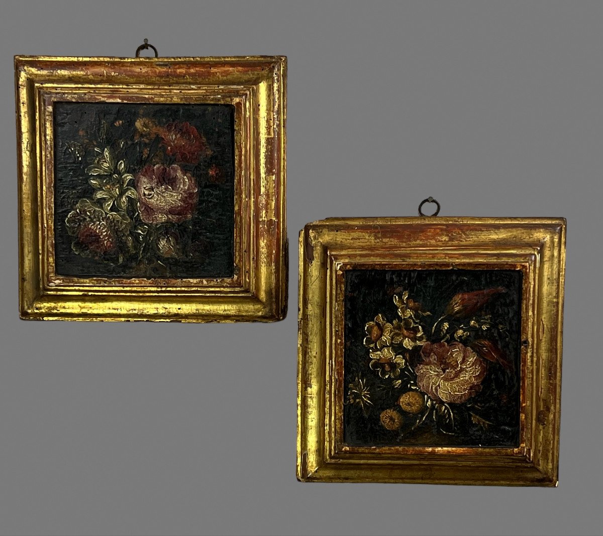 Pair Of 18th Century Paintings / Oils On Wooden Panels Representing Flowers