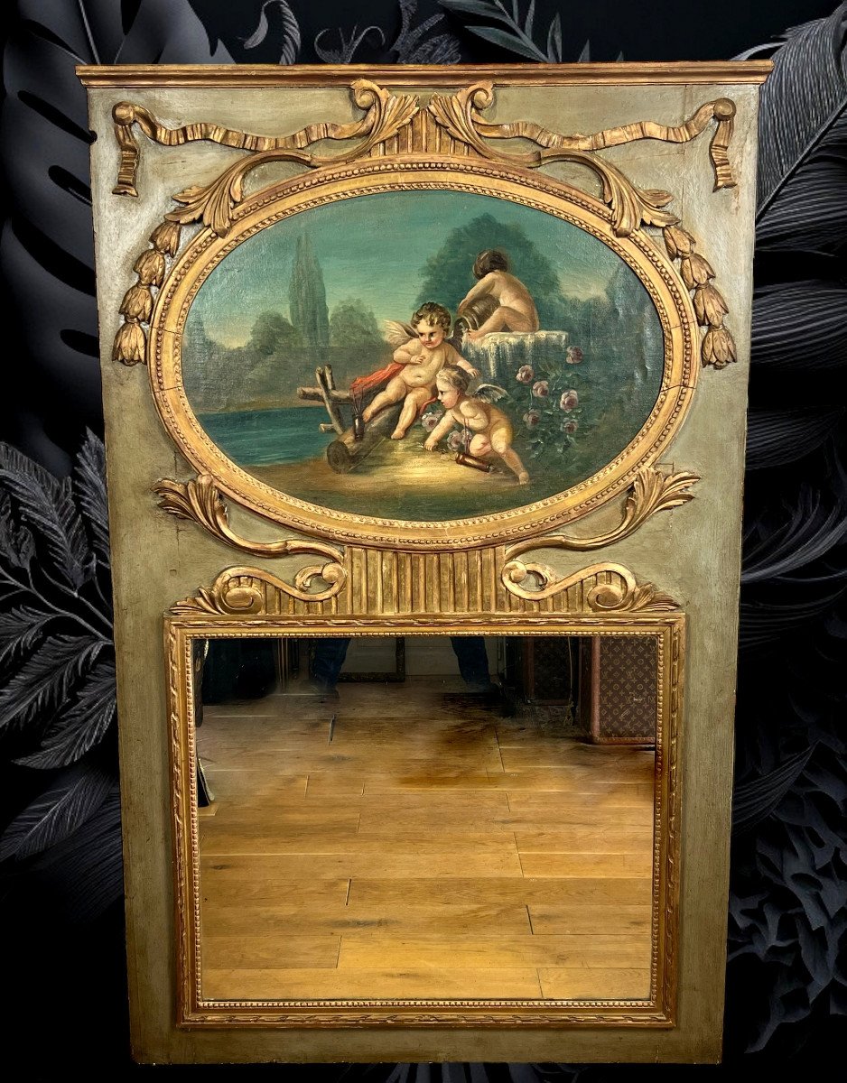 Old 18th Century Trumeau With Oval Painting Decorated With Cherubs Louis XVI Period-photo-2