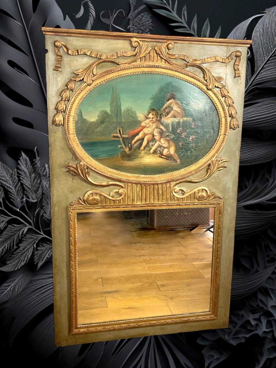 Old 18th Century Trumeau With Oval Painting Decorated With Cherubs Louis XVI Period-photo-4