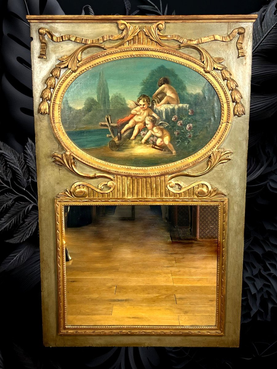 Old 18th Century Trumeau With Oval Painting Decorated With Cherubs Louis XVI Period-photo-1