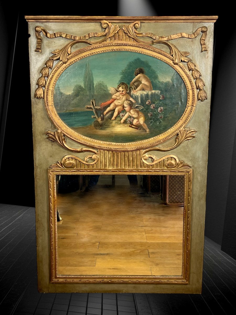 Old 18th Century Trumeau With Oval Painting Decorated With Cherubs Louis XVI Period-photo-3