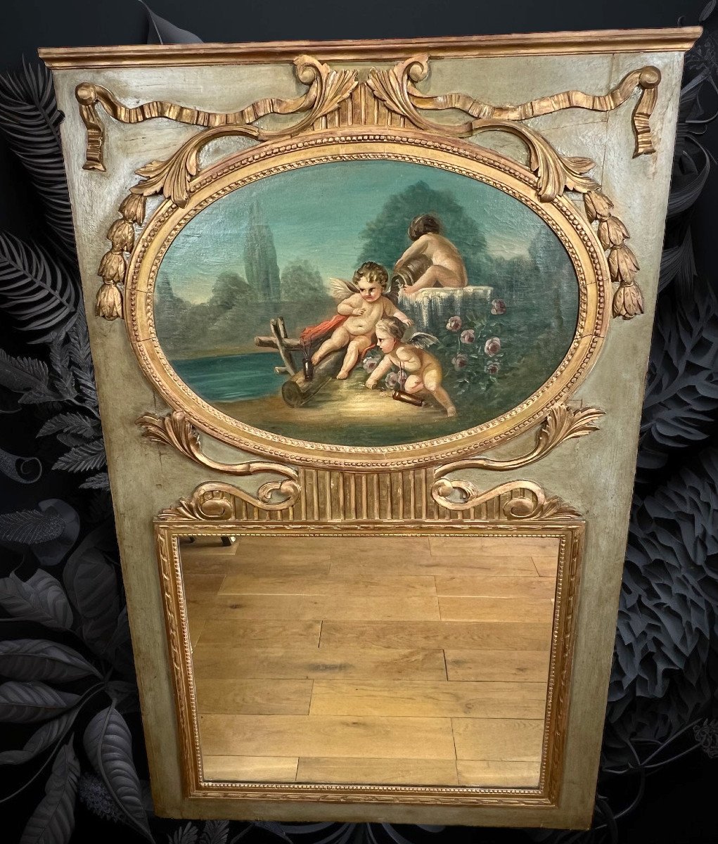 Old 18th Century Trumeau With Oval Painting Decorated With Cherubs Louis XVI Period-photo-5