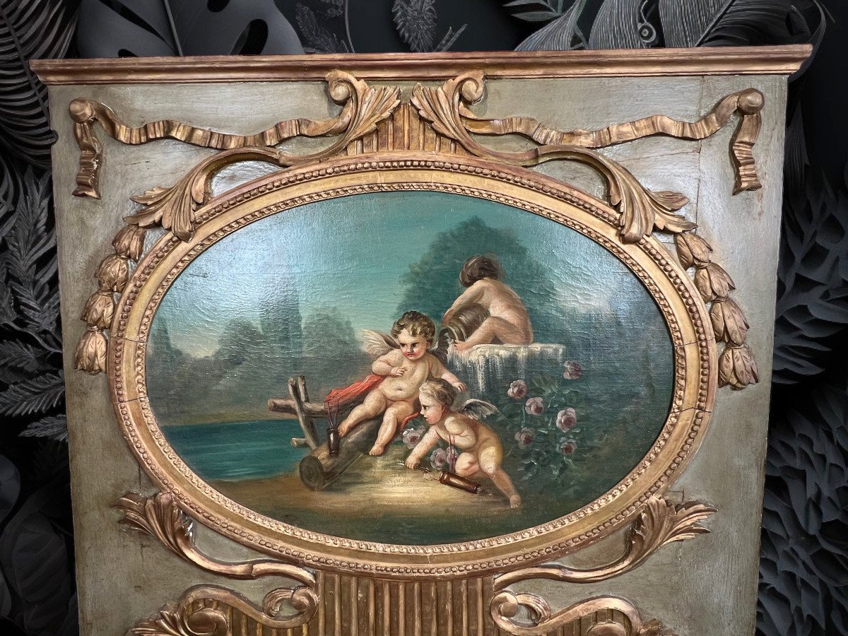 Old 18th Century Trumeau With Oval Painting Decorated With Cherubs Louis XVI Period-photo-6