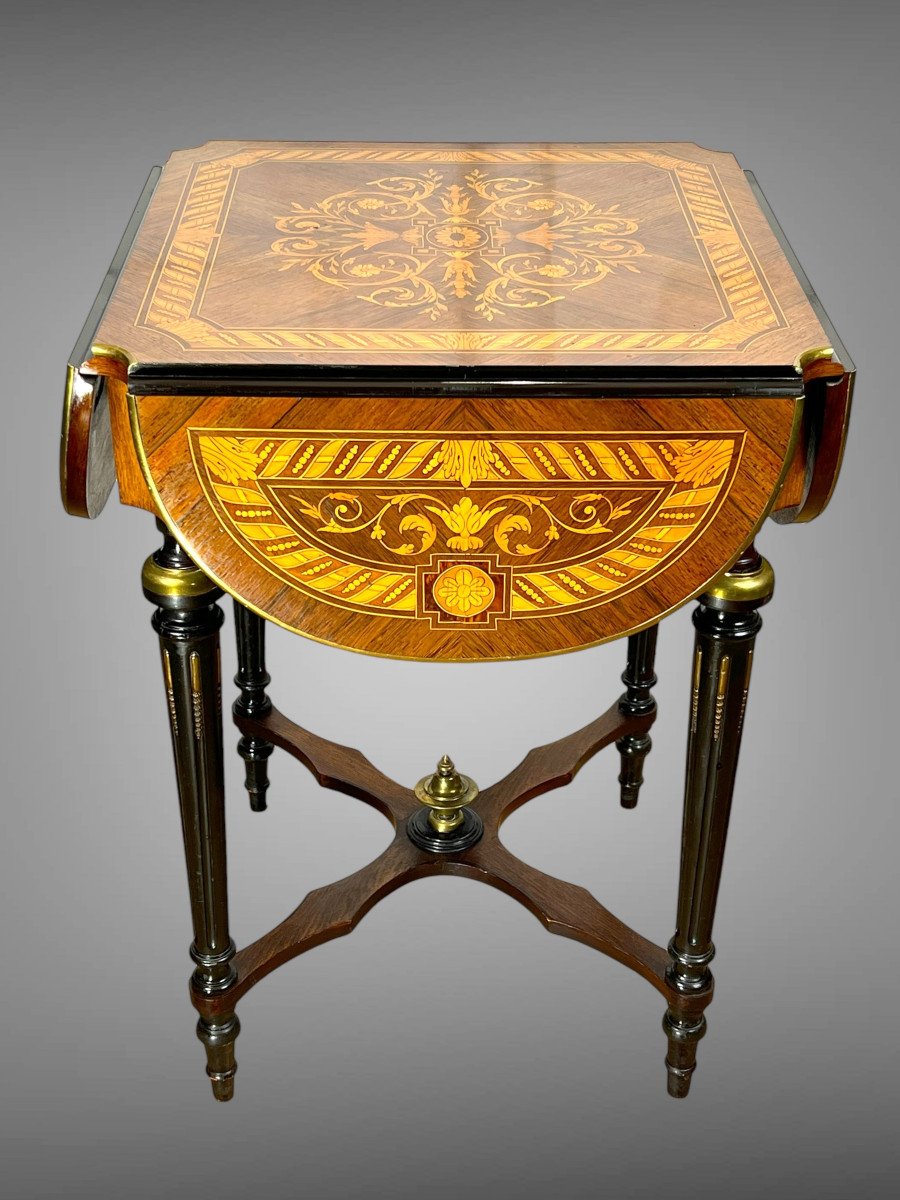 Table De Salon Carré A Abattants Du XIXe En Marqueterie De Style Louis XVI-photo-5