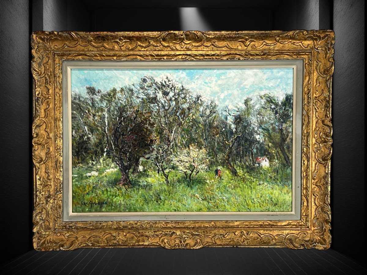 Tableau /huile Sur Carton /" Paysage Animé De Promeneurs Signé Shc Gourjon 1912