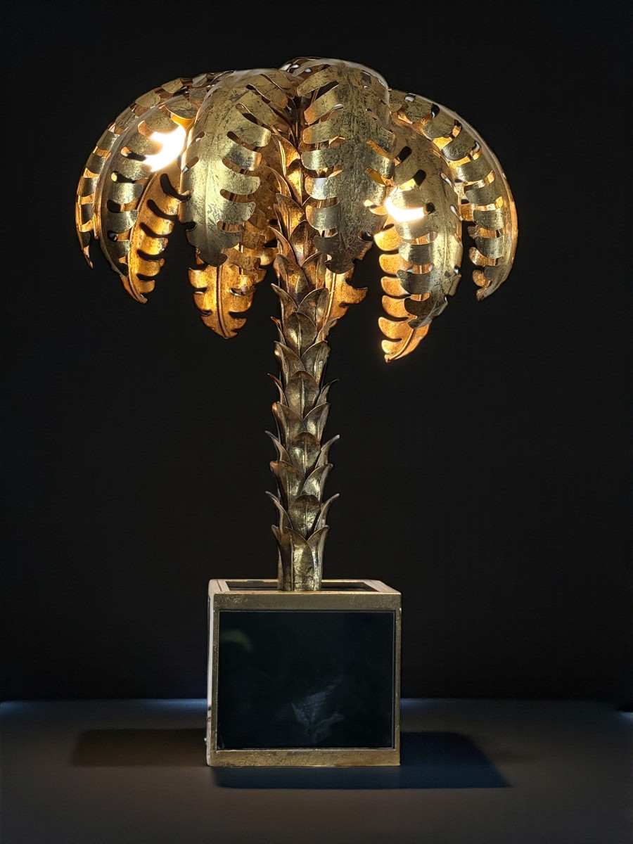 Palm Tree Lamp In Golden Metal With Glass Plate Base 1970s Style-photo-2