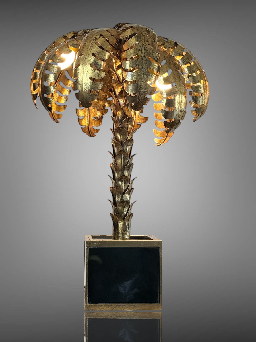 Palm Tree Lamp In Golden Metal With Glass Plate Base 1970s Style