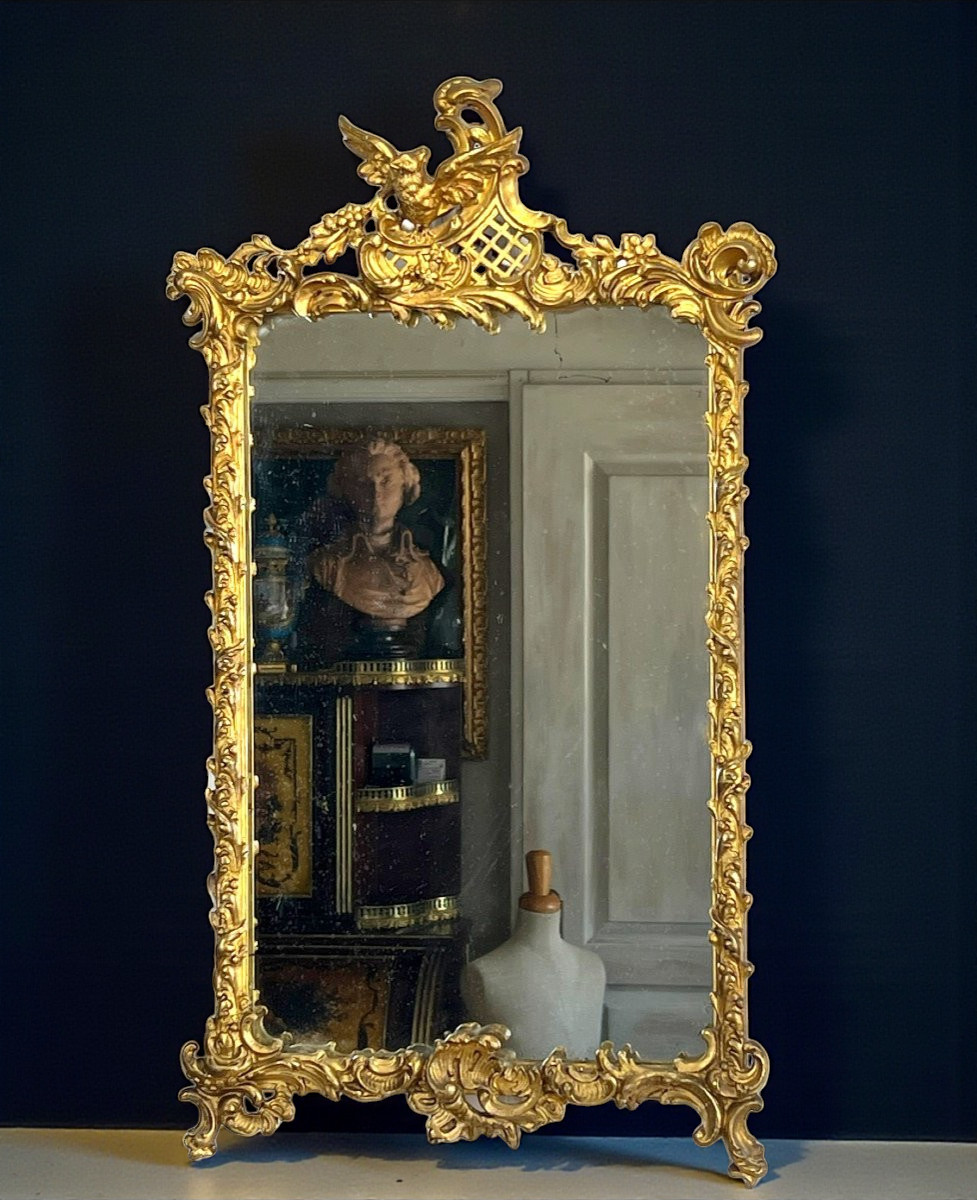 Miroir Du XIXe En Bois Et Stuc Doré De Style Louis XV ( Fronton Avec Un Oiseau )-photo-2