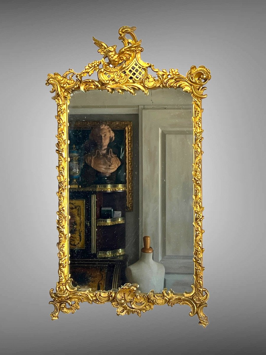 19th Century Mirror In Wood And Gilded Stucco, Louis XV Style (pediment With A Bird)-photo-6