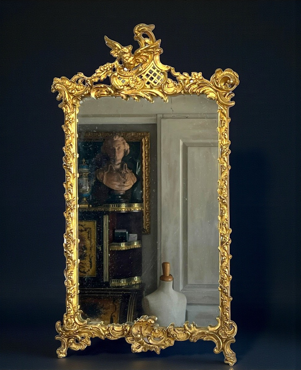Miroir Du XIXe En Bois Et Stuc Doré De Style Louis XV ( Fronton Avec Un Oiseau )