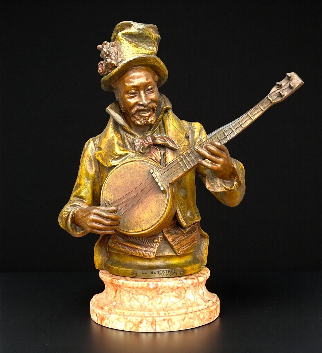 Pietro Calvi 1833 - 1884 "the Menestrel" Man Playing The Banjo In Patinated Regule