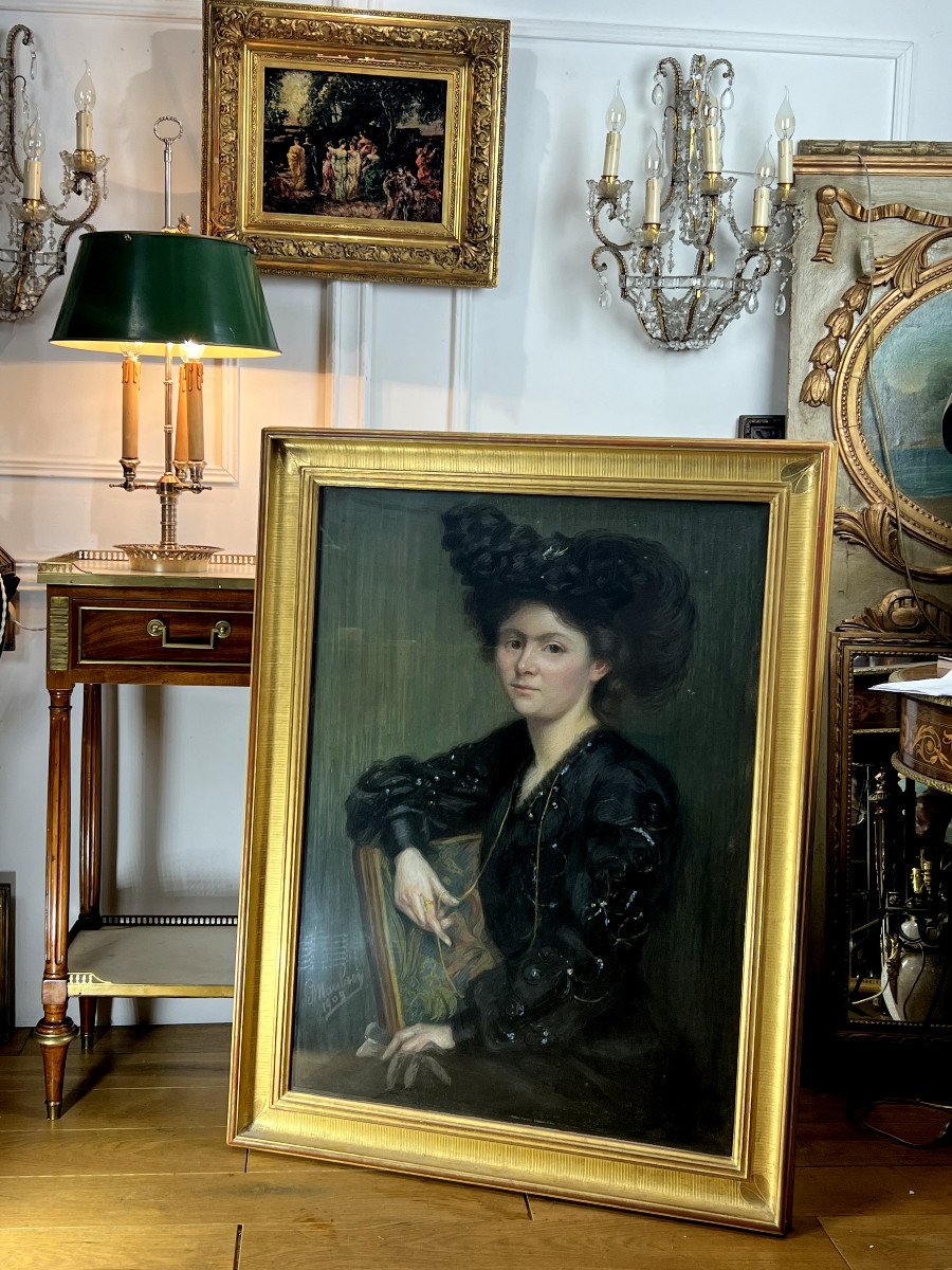 Large Art Nouveau Pastel Painting Signed "j.moubrey" Portrait Of Woman In Black-photo-3