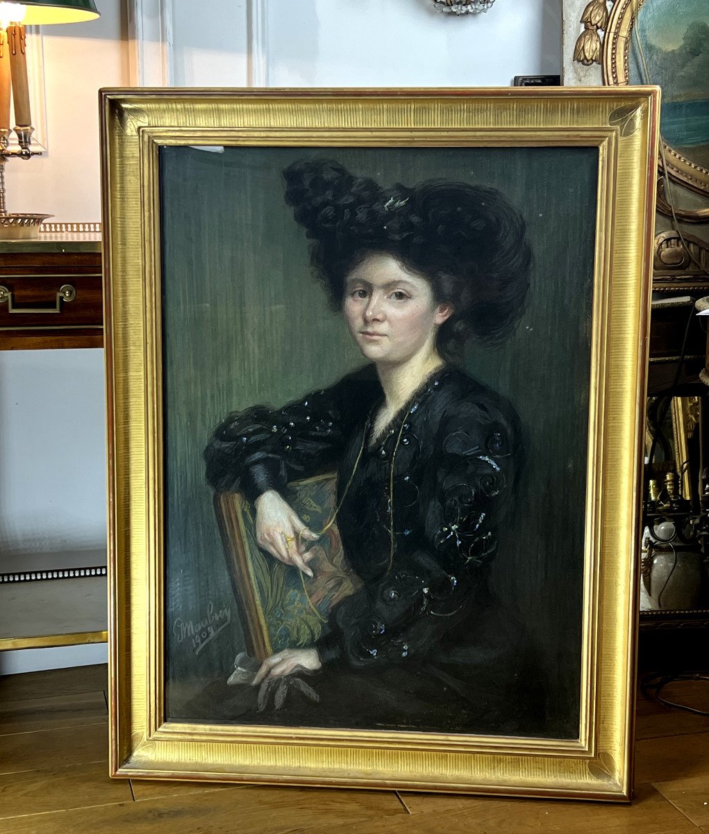 Large Art Nouveau Pastel Painting Signed "j.moubrey" Portrait Of Woman In Black-photo-4
