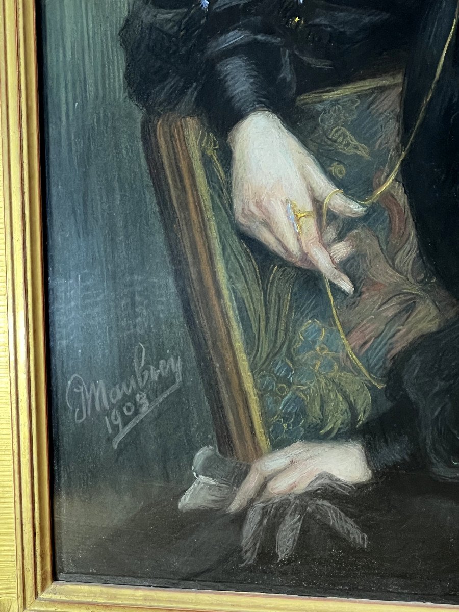 Large Art Nouveau Pastel Painting Signed "j.moubrey" Portrait Of Woman In Black-photo-2