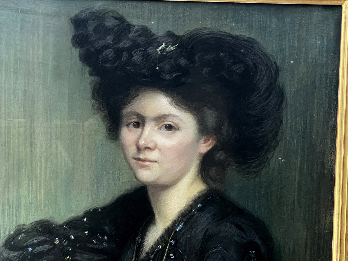 Large Art Nouveau Pastel Painting Signed "j.moubrey" Portrait Of Woman In Black-photo-3