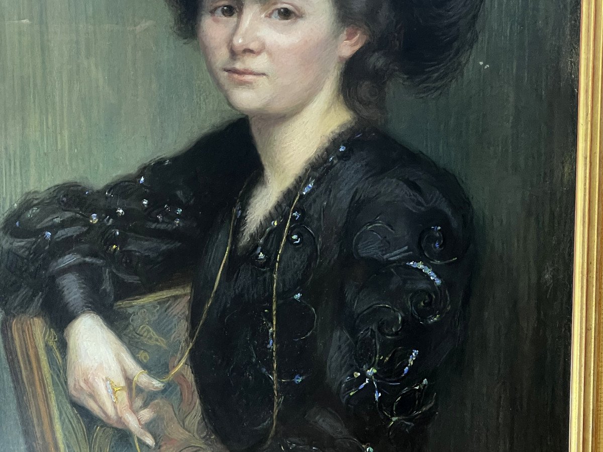 Large Art Nouveau Pastel Painting Signed "j.moubrey" Portrait Of Woman In Black-photo-4