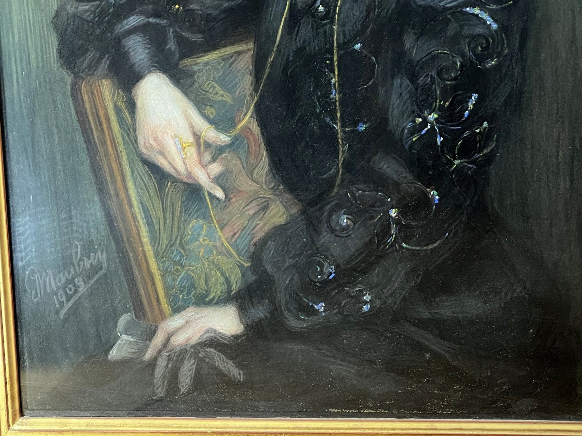 Large Art Nouveau Pastel Painting Signed "j.moubrey" Portrait Of Woman In Black-photo-5