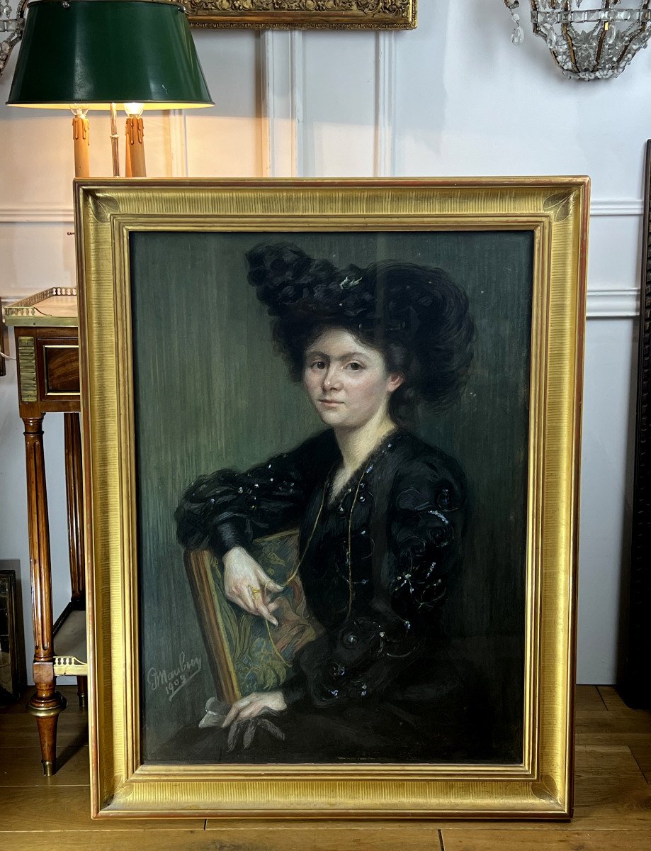 Large Art Nouveau Pastel Painting Signed "j.moubrey" Portrait Of Woman In Black