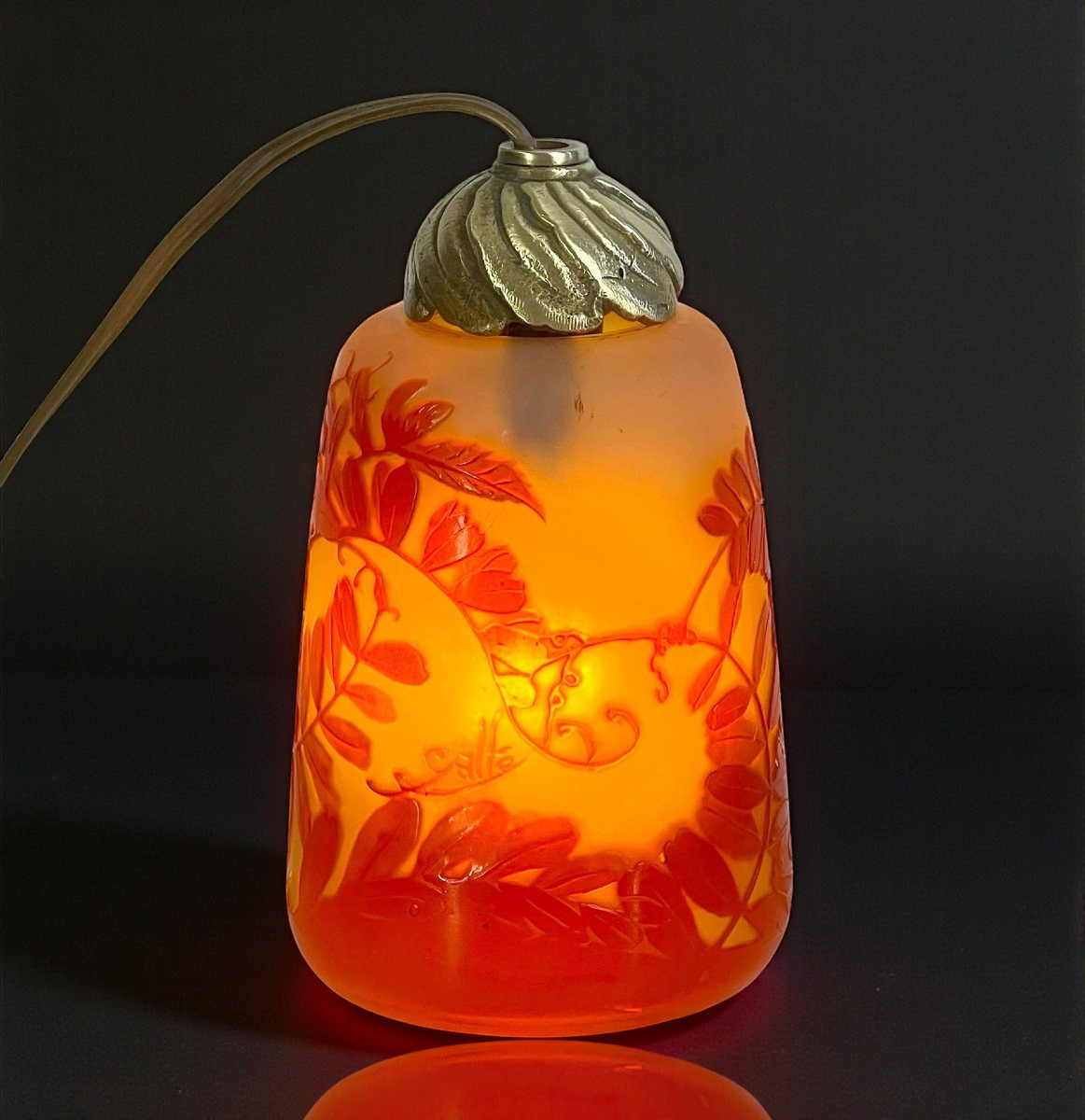 Emile Gallé Night Light In Acid Etched Glass Paste With Foliage Decor
