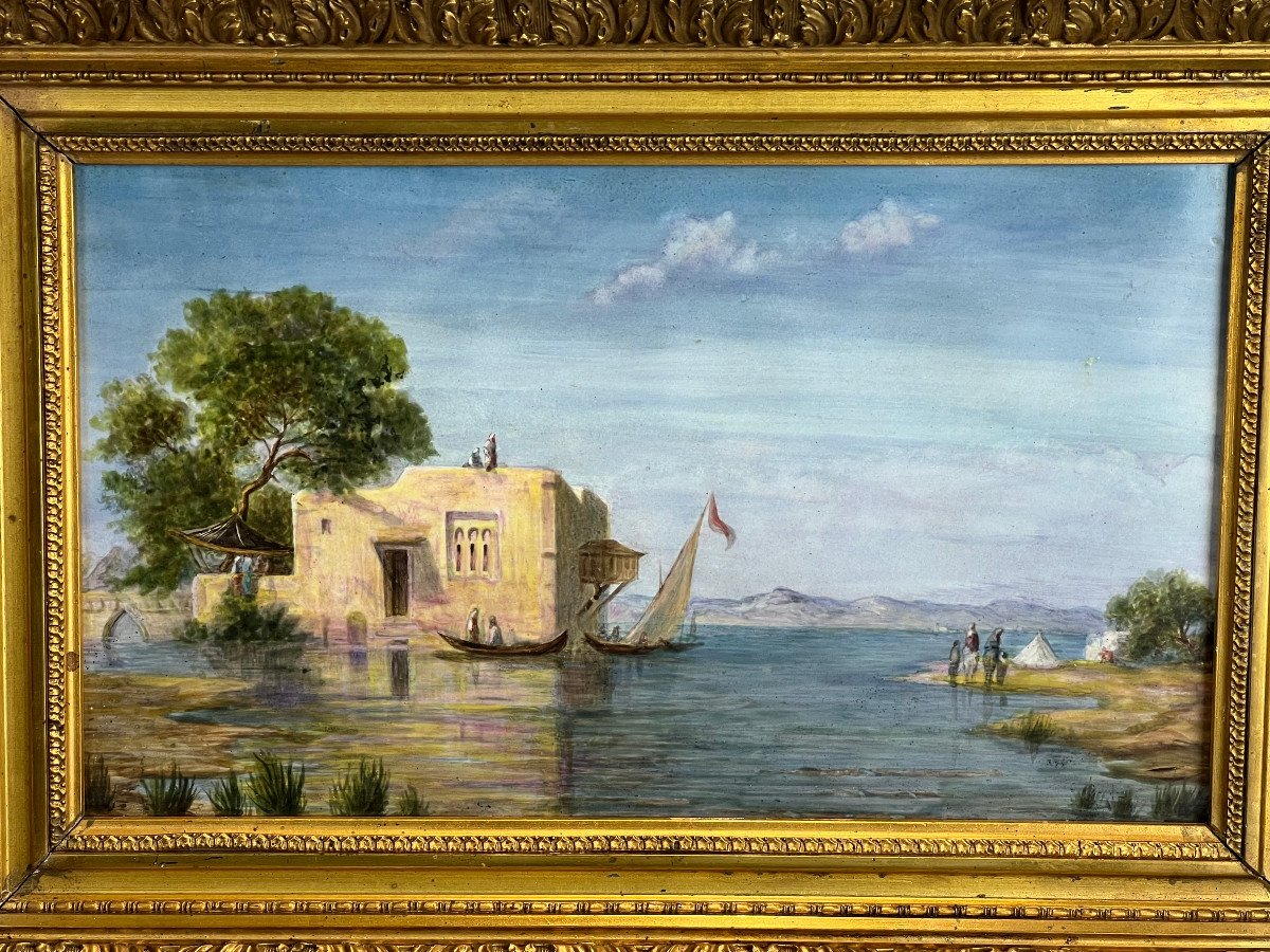 Painting / Painting On Ceramic Plate "oriental Lake Scene" Framed-photo-4