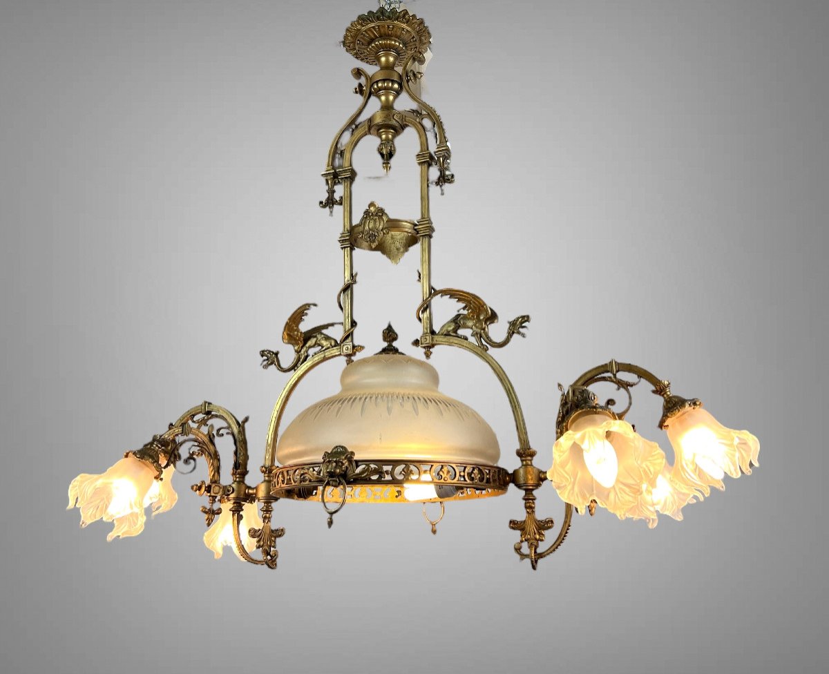 Large 8 Light Bronze Chandelier Decorated With Dragons With Original Glassware-photo-1