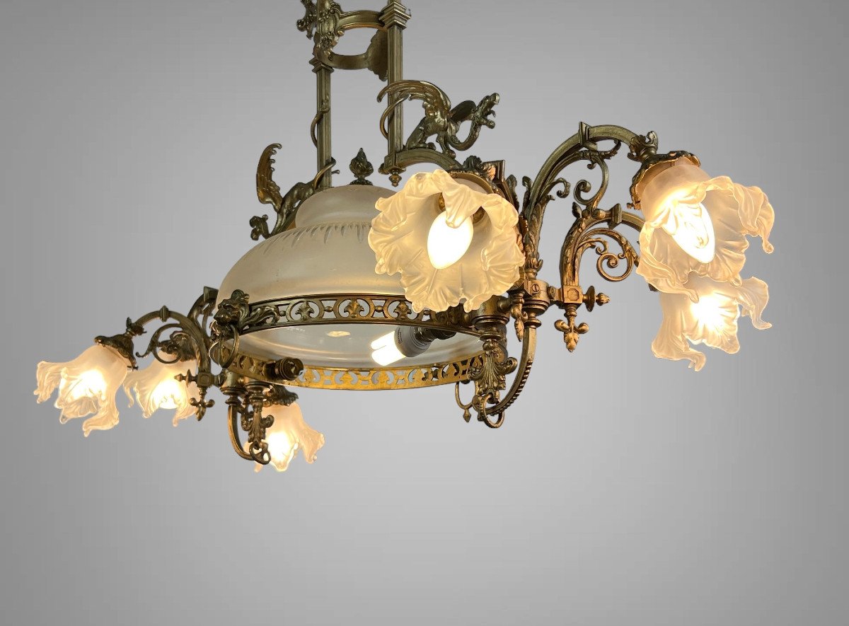 Large 8 Light Bronze Chandelier Decorated With Dragons With Original Glassware-photo-7