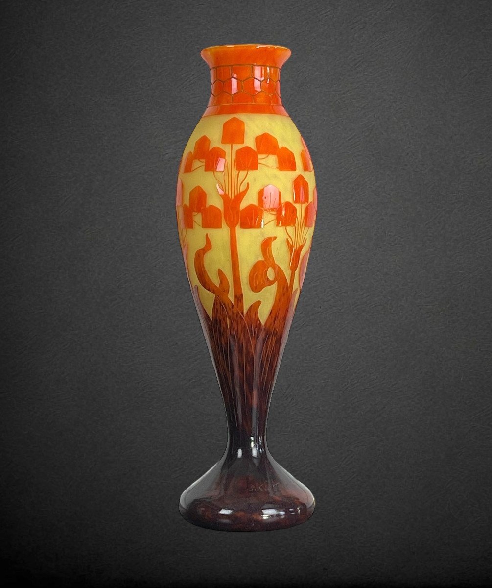 Grand Vase Balustre Signé Le Verre Francais /schneider A Décor De Motifs Floraux-photo-4