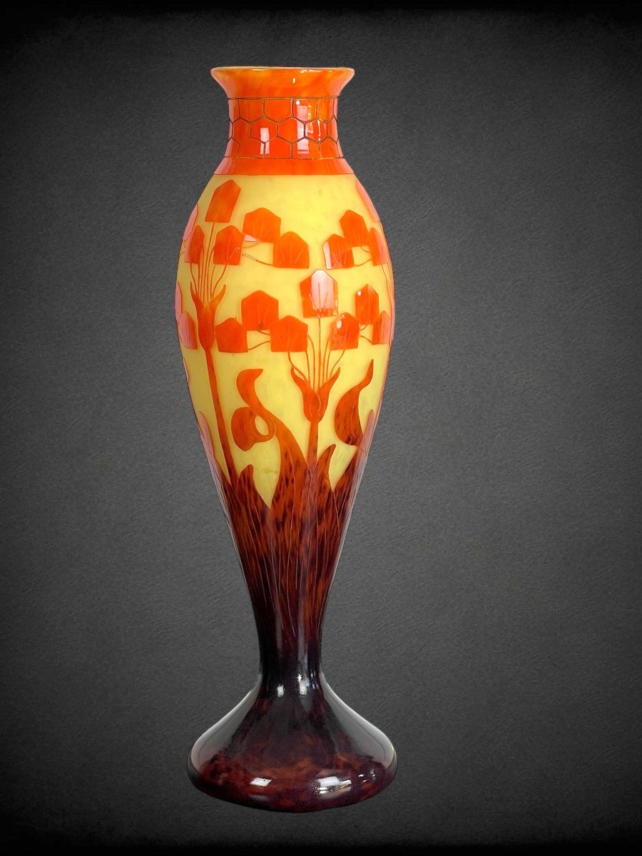 Grand Vase Balustre Signé Le Verre Francais /schneider A Décor De Motifs Floraux-photo-5