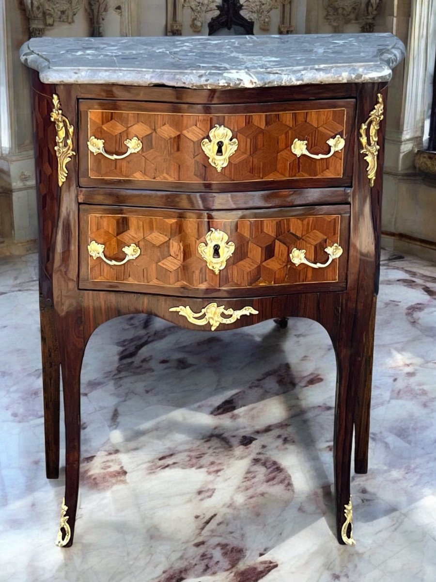 Commode XVIIIe époque Louis XV En Marqueterie Ornée De Bronze / Dessus Marbre-photo-4