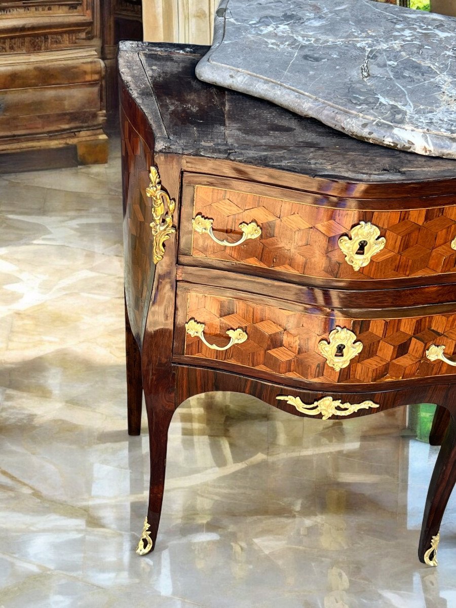 Commode XVIIIe époque Louis XV En Marqueterie Ornée De Bronze / Dessus Marbre-photo-4