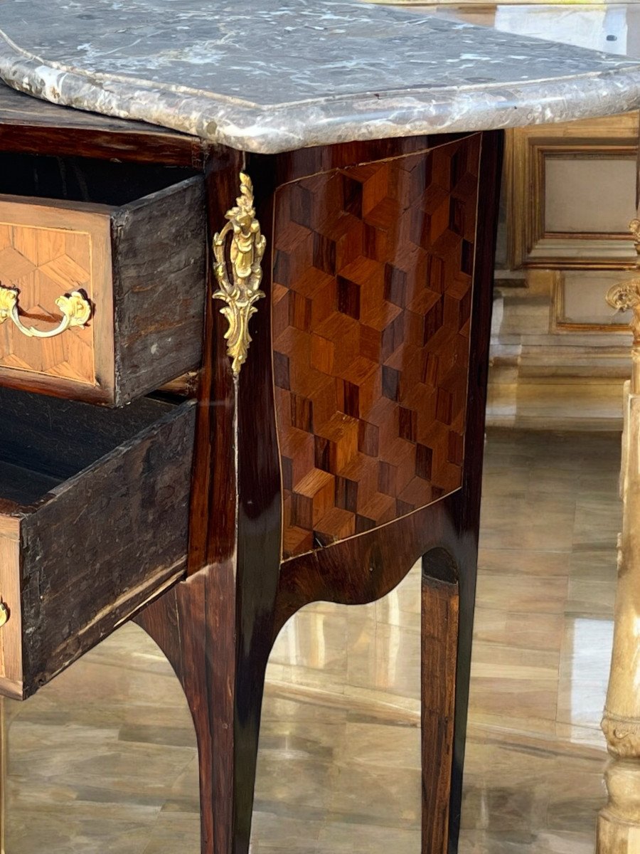 Commode XVIIIe époque Louis XV En Marqueterie Ornée De Bronze / Dessus Marbre-photo-5