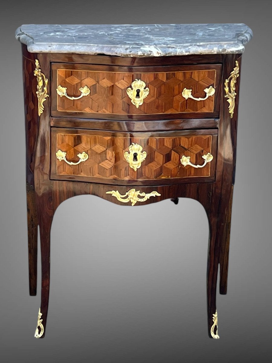 Commode XVIIIe époque Louis XV En Marqueterie Ornée De Bronze / Dessus Marbre-photo-8
