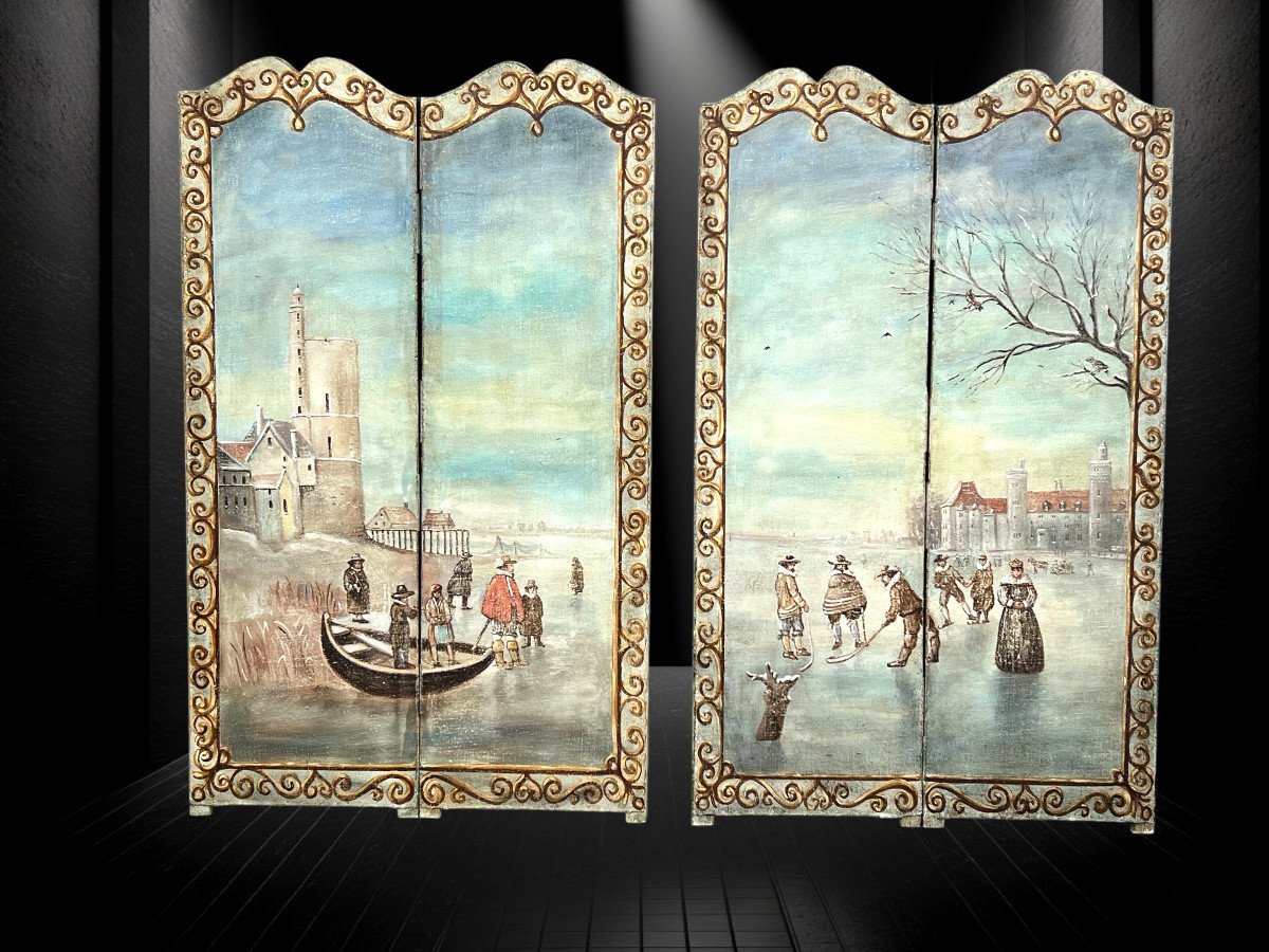 Pair Of 2-leaf Screens / Northern School / Painted Canvas "the Skaters"-photo-3