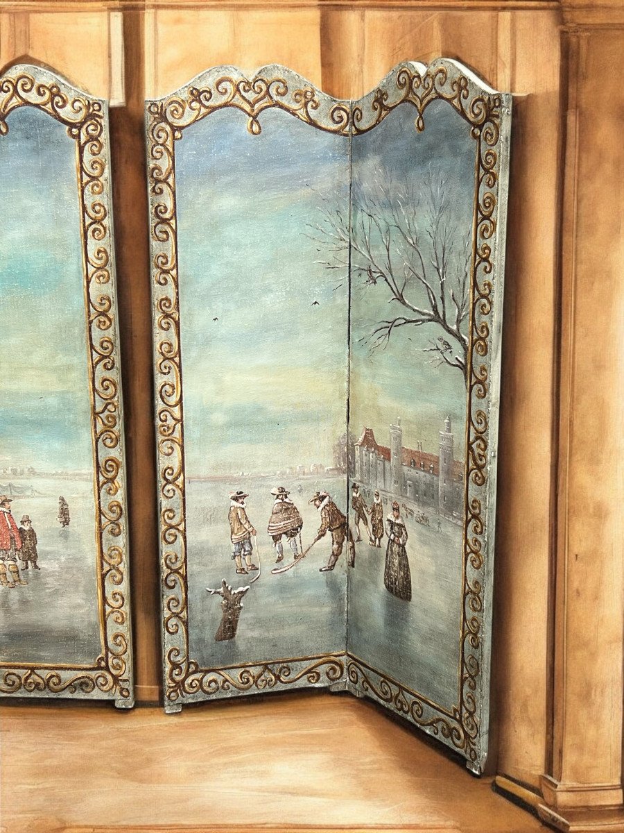 Pair Of 2-leaf Screens / Northern School / Painted Canvas "the Skaters"-photo-3