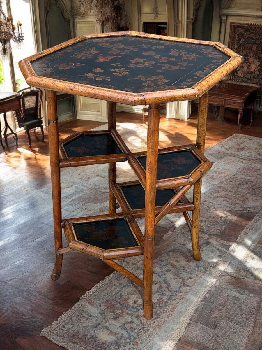 Table De Salon En Bois De Bambou Avec Dessus Cuir Peint A Decor De Fleurs-photo-4