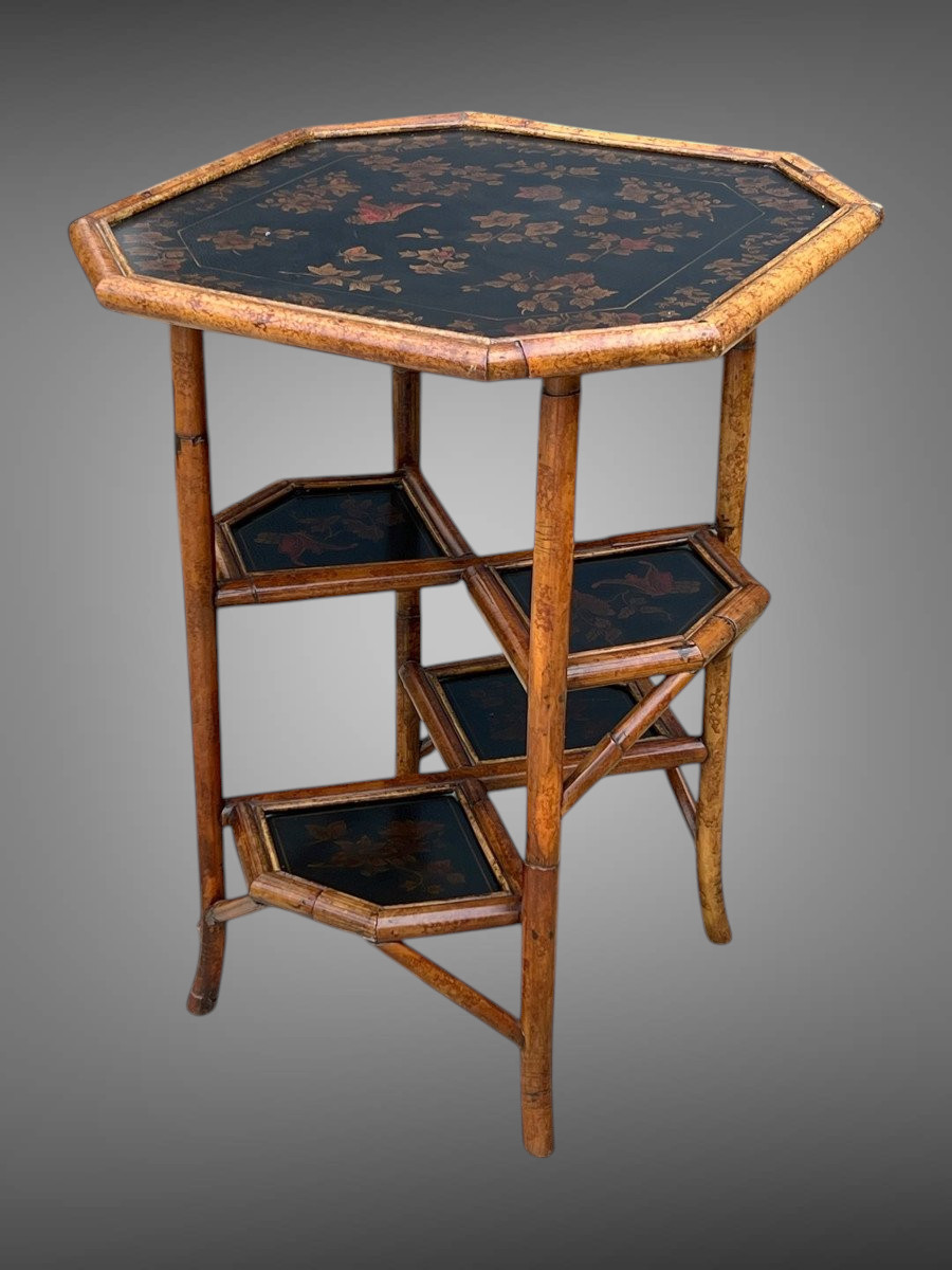 Table De Salon En Bois De Bambou Avec Dessus Cuir Peint A Decor De Fleurs-photo-2