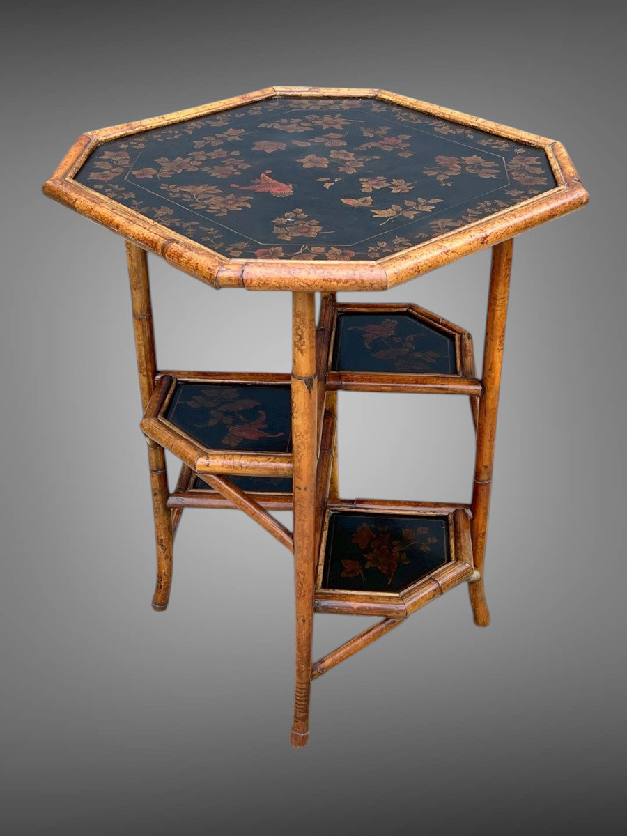 Table De Salon En Bois De Bambou Avec Dessus Cuir Peint A Decor De Fleurs-photo-4