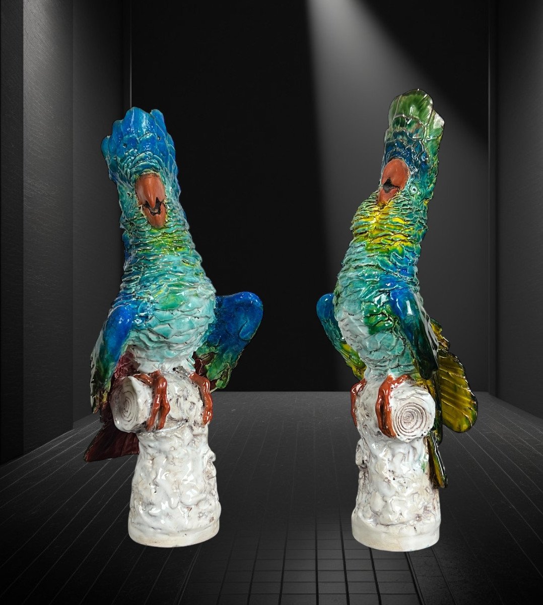Paire De Cacatoès En Céramique émaillée Polychrome Portant Une Signature-photo-3