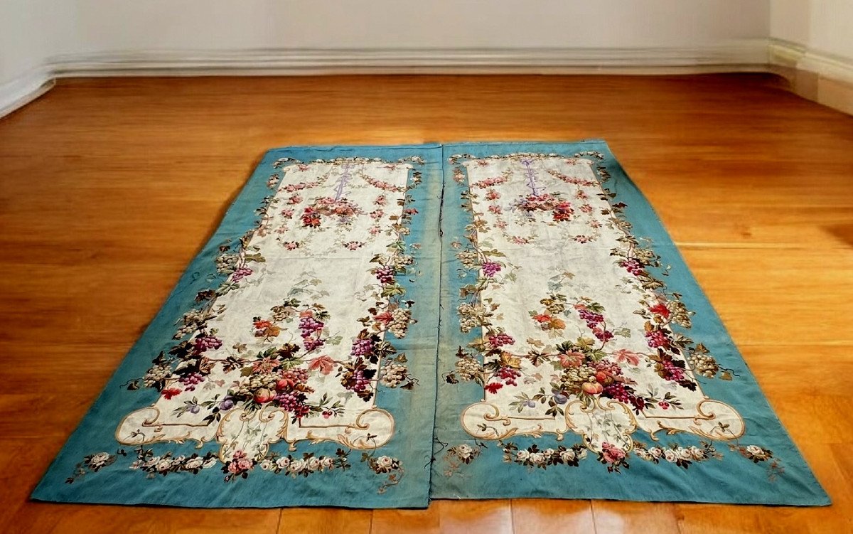Paire De Tapisserie D Aubusson Debut XIXe Tissés A La Main A Décor Floral-photo-3