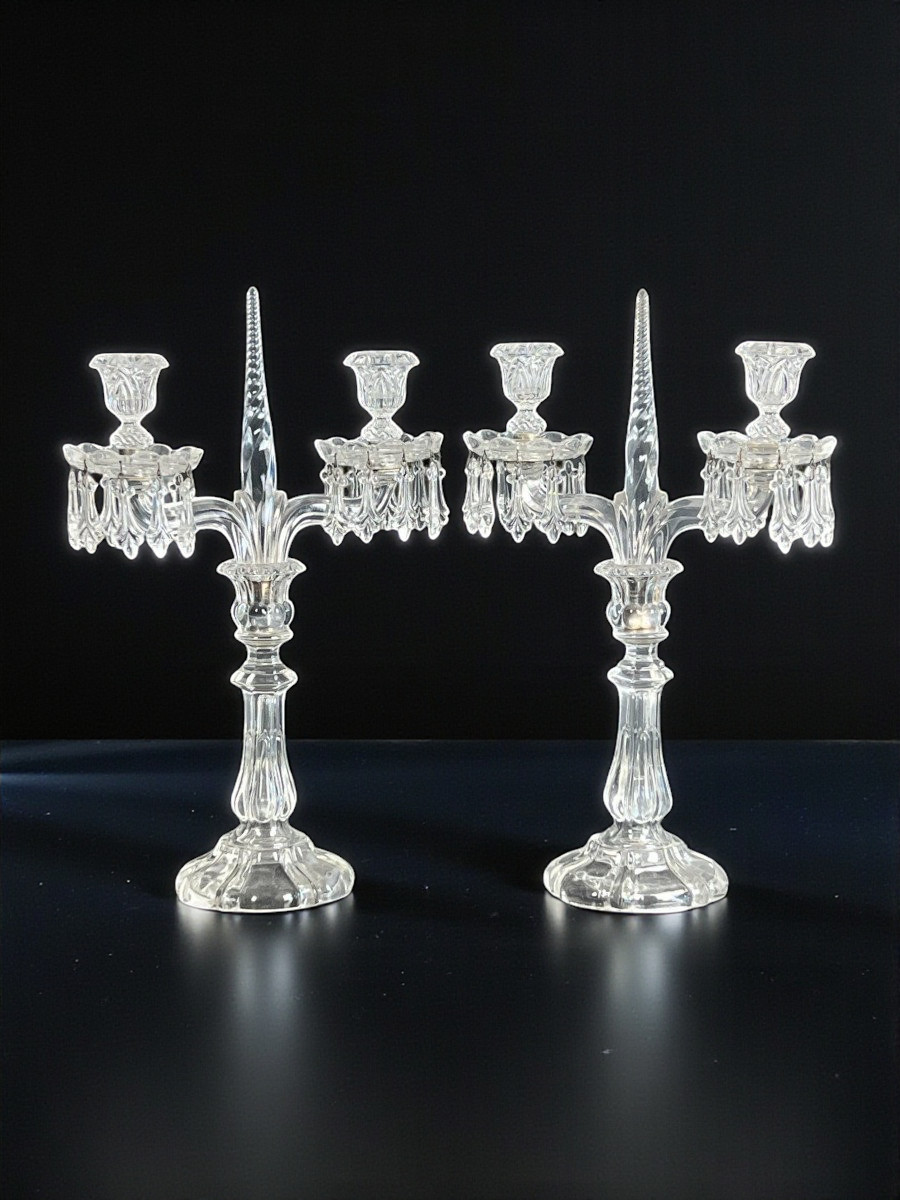 Pair Of Two-armed Crystal Candlesticks Attributed To Baccarat-photo-3