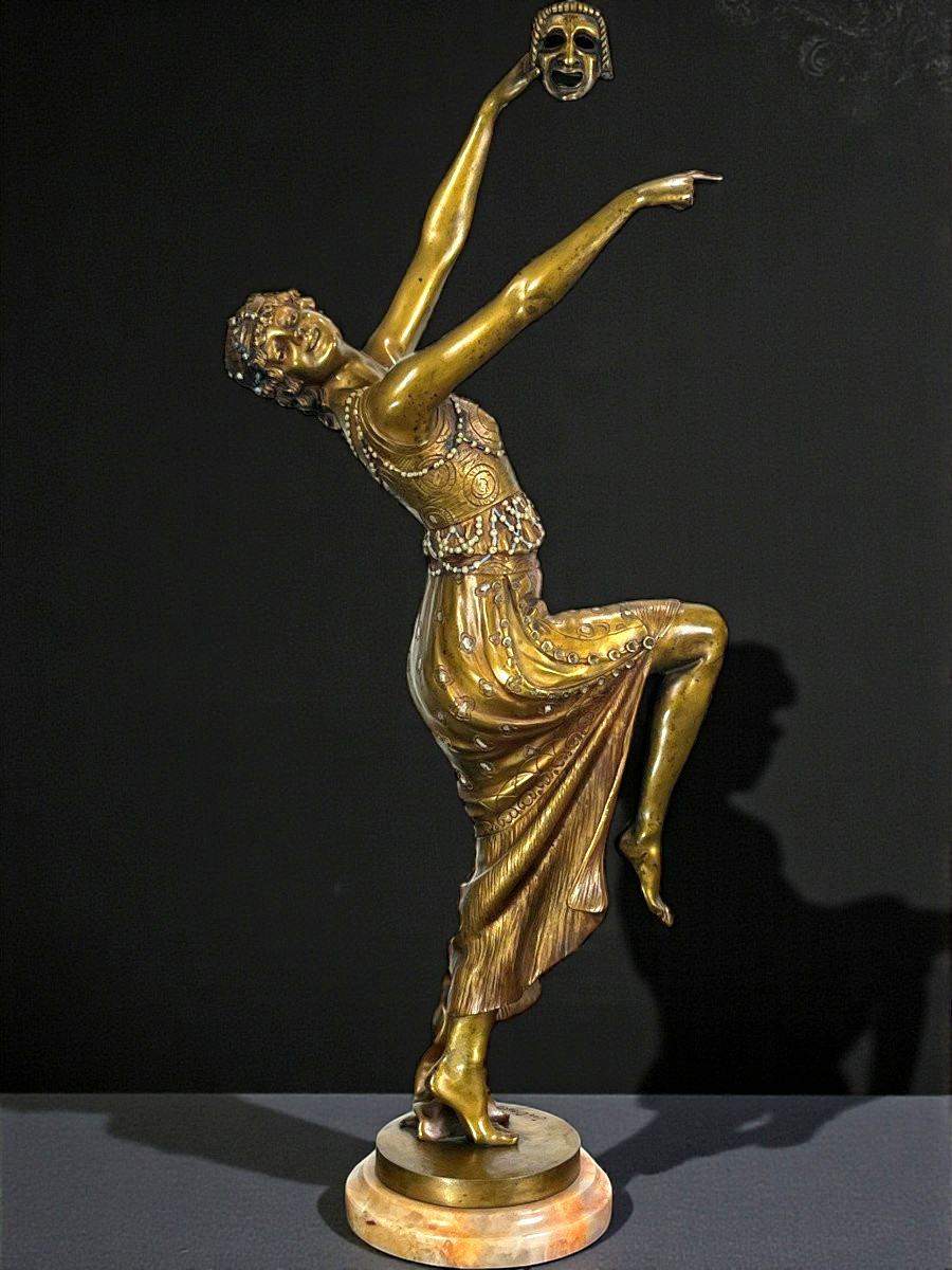 Bronze Polychrome émaillé Art Déco Signé De Joe Descomps De 64 Cm De Haut-photo-3