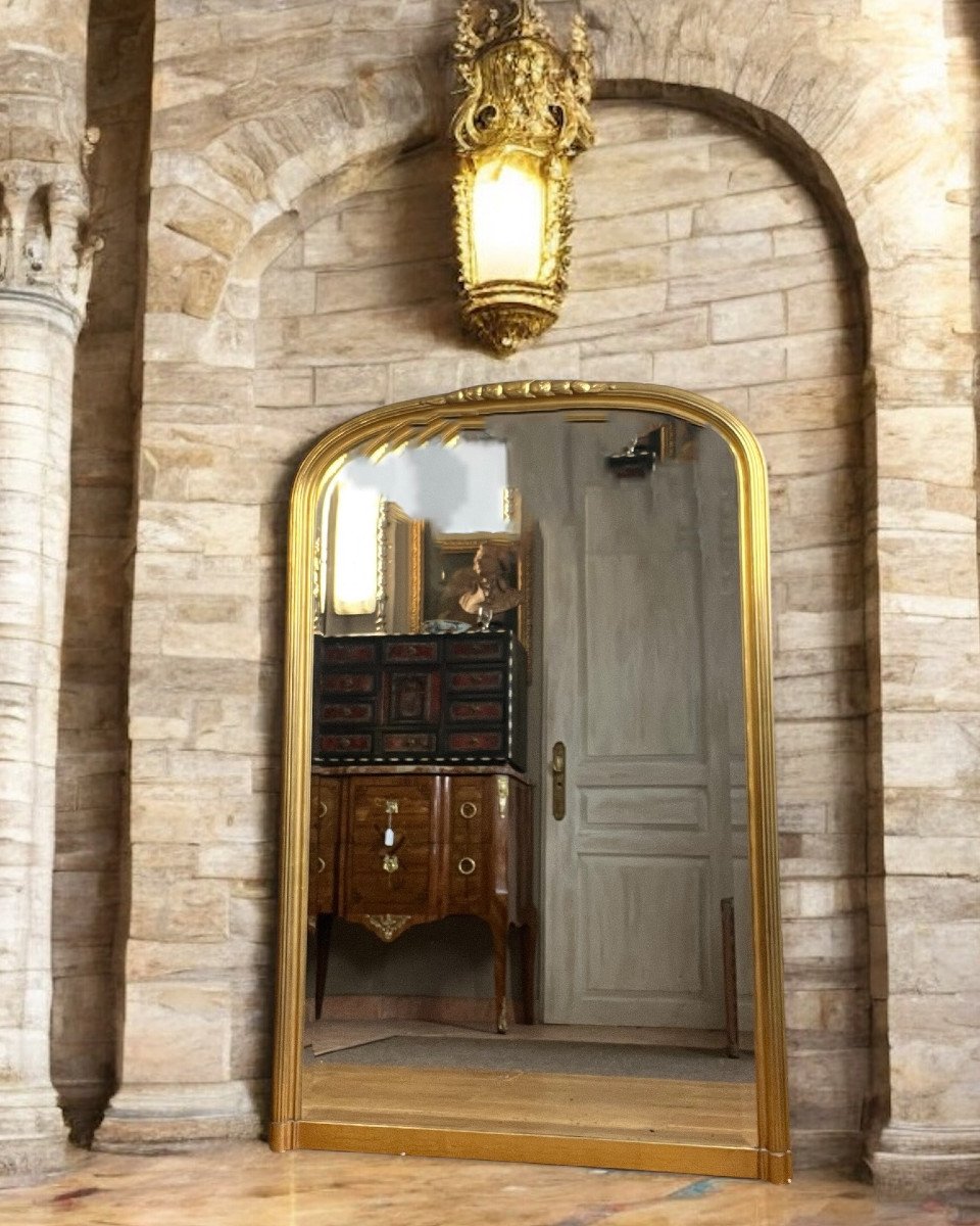 Antique Art Deco Mirror In Wood / Gilded Stucco Topped With A Frieze Of Flowers-photo-4