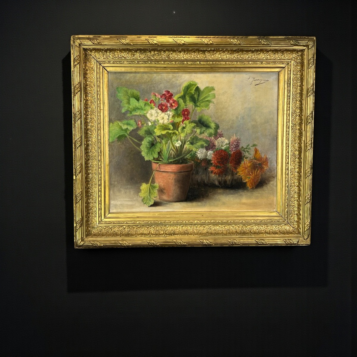 Oil On Canvas Signed "louise Jassogne" Still Life Primroses And Dahlias-photo-4