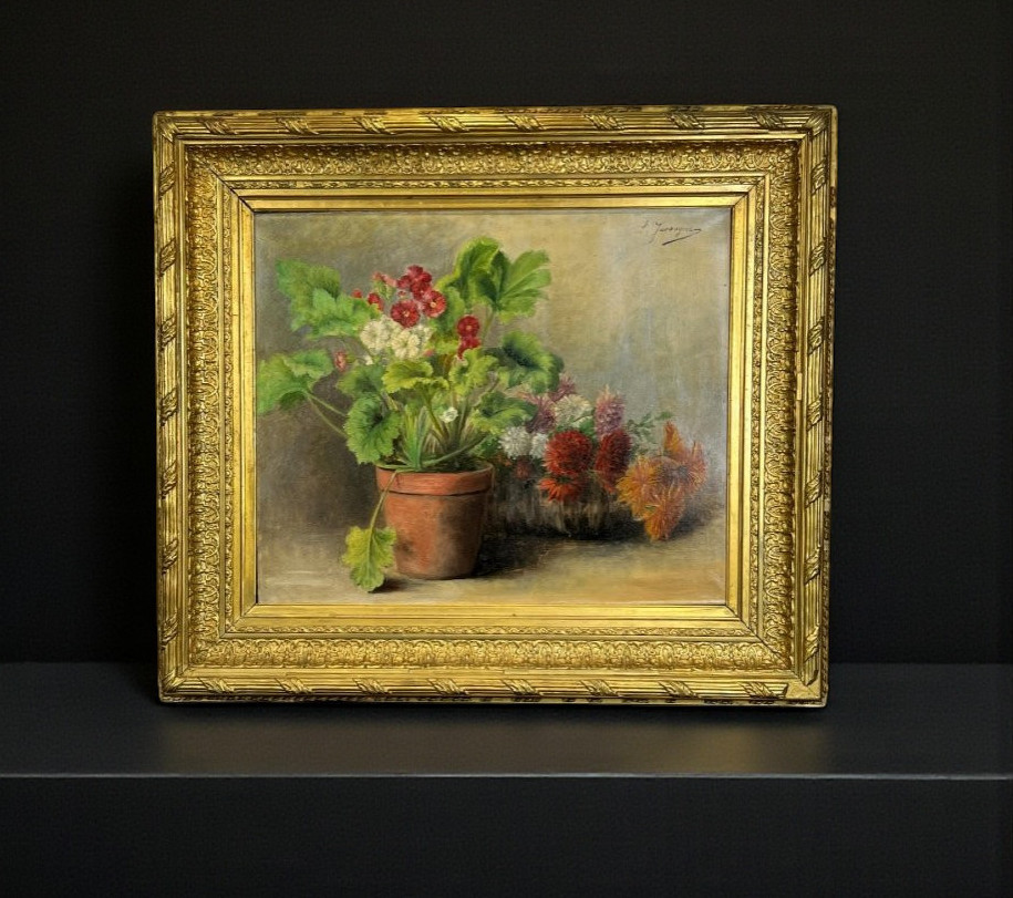 Oil On Canvas Signed "louise Jassogne" Still Life Primroses And Dahlias