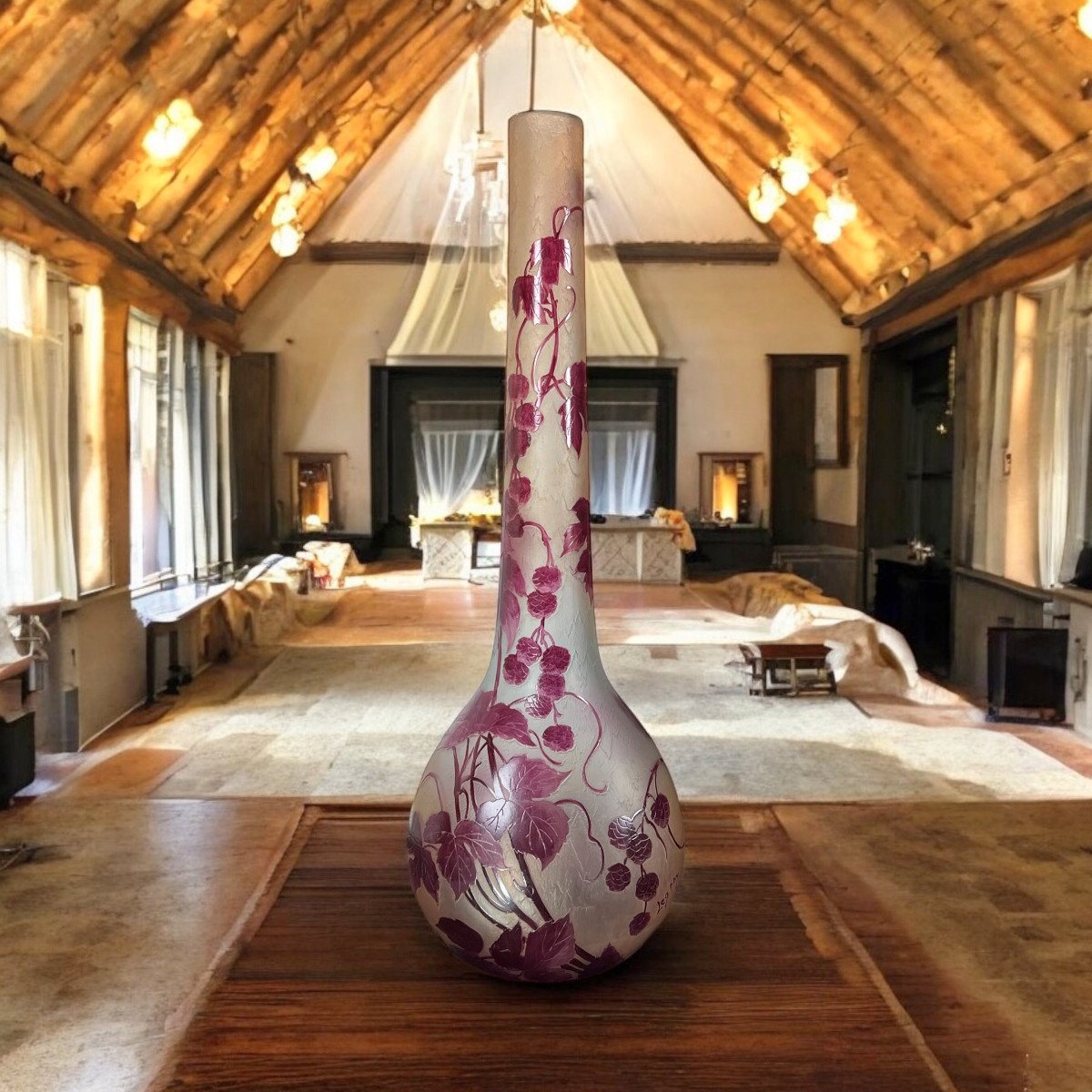 Important Vase Ovoïde Signé Legras En Verre Givré A Decor De Mûriers De 65 Cm De Haut -photo-2