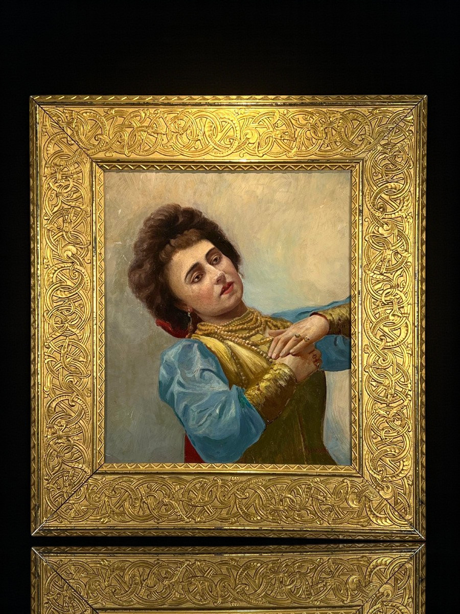 Tableau Russe /huile Sur Panneau Bois Encadré Représentant Un Portrait De Femme-photo-4
