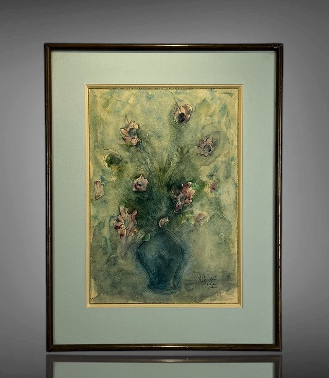  Watercolor Under Glass Signed By "a. Coudert" The Bouquet Of Flowers "