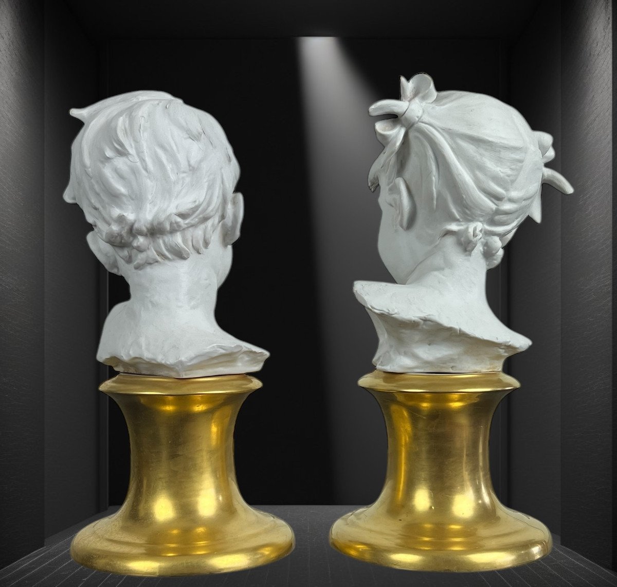 Pair Of Biscuit Child Busts Signed Bruno Merli On Porcelain Base-photo-4